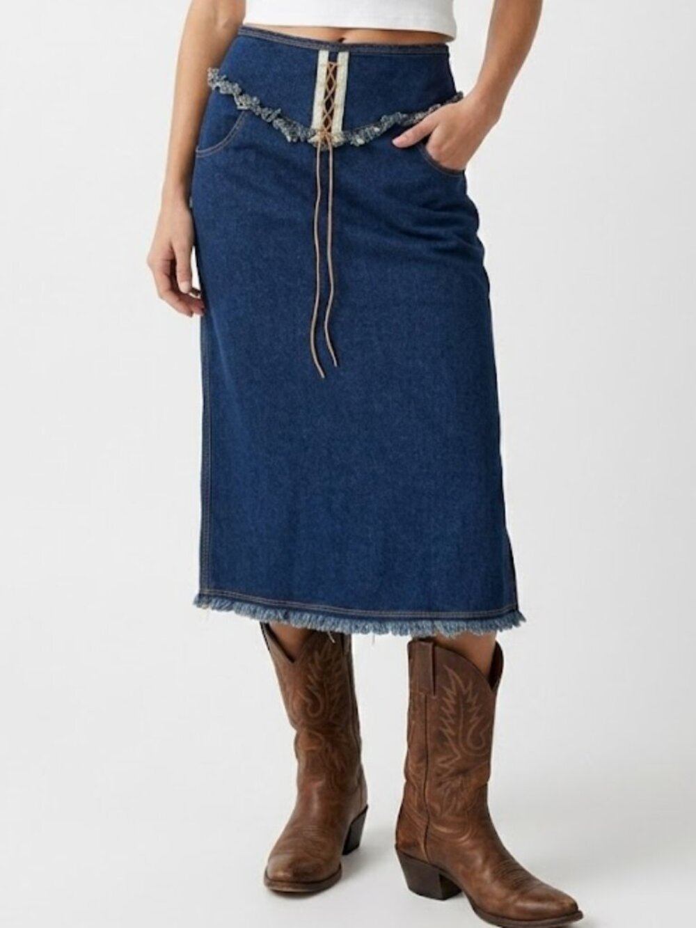 Vintage l.e.i. Y2K Denim Midi Western Fringe Lace Up Skirt SZ8tagged 11/12